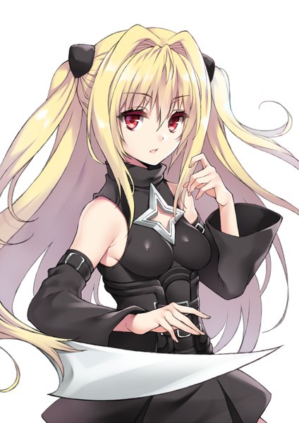 Anime picture 600x848 with toloveru toloveru darkness xebec konjiki no yami fuya (tempupupu) single long hair tall image looking at viewer open mouth simple background blonde hair red eyes white background twintails girl gloves hair ornament weapon detached sleeves