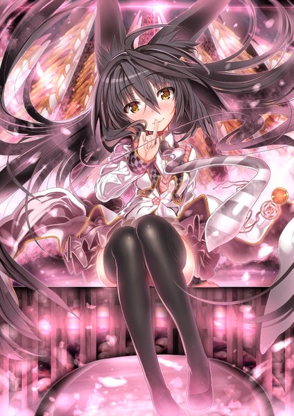 Anime picture 1131x1600 with original char single long hair tall image blush black hair sitting animal ears yellow eyes finger to mouth girl thighhighs dress black thighhighs petals necktie