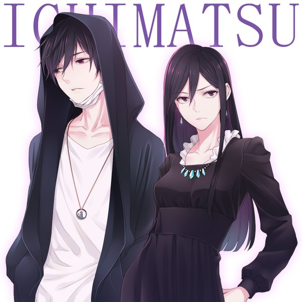 Anime picture 1300x1300 with osomatsu-san matsuno ichimatsu ichiko (osomatsu-san) chimachi long hair fringe short hair breasts black hair simple background hair between eyes red eyes white background looking away couple character names hand on hip hands in pockets mask pull girl