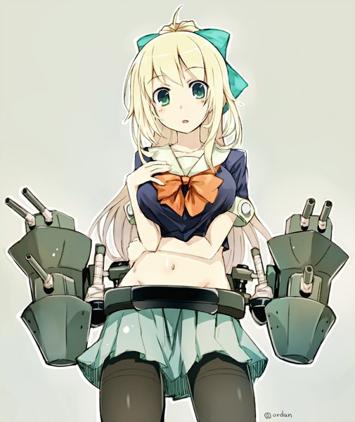 Anime picture 842x1000 with kantai collection atago heavy cruiser orda single long hair tall image looking at viewer blonde hair green eyes signed bare belly cosplay crossdress yuudachi (kantai collection) (cosplay) girl skirt navel bow hair bow miniskirt