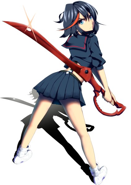 Anime picture 848x1200 with kill la kill studio trigger matoi ryuuko konkito single tall image looking at viewer short hair blue eyes simple background white background blue hair full body multicolored hair two-tone hair shadow streaked hair girl skirt weapon