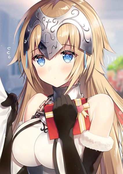 Anime picture 1000x1412 with fate (series) fate/grand order fate/apocrypha jeanne d'arc (fate) (all) jeanne d'arc (fate) necomi (gussan) single long hair tall image blush breasts blue eyes blonde hair large breasts holding looking away upper body blurry fur trim sleeveless