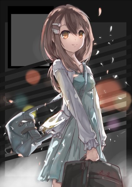 Anime picture 2480x3507 with mitu yang single long hair tall image fringe highres smile brown hair standing holding brown eyes long sleeves wind girl dress hair ornament petals hairclip bag blue dress