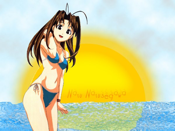 Anime picture 1024x768 with love hina narusegawa naru long hair smile brown hair brown eyes ahoge girl navel swimsuit sea sun