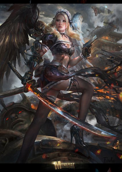 Anime picture 1500x2116 with sucker punch baby doll (sucker punch) zhonglu999 tall image blonde hair twintails cleavage maid midriff ruins girl navel uniform weapon sword wings headdress katana gun maid headdress