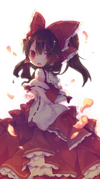 Anime picture 1171x2090 with touhou hakurei reimu ana (rznuscrf) single tall image open mouth red eyes brown hair looking back loli miko girl bow hair bow detached sleeves petals