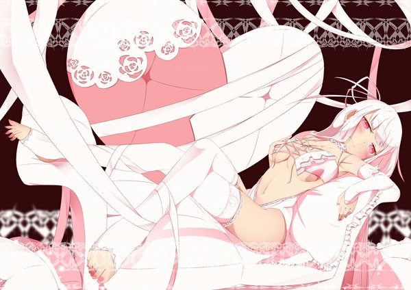 Anime picture 1169x827 with original sasami single long hair blush light erotic bare shoulders white hair nail polish pink eyes crossed legs girl thighhighs navel ribbon (ribbons) white thighhighs heart