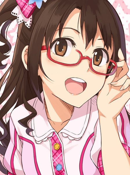 Anime picture 725x970 with idolmaster idolmaster cinderella girls shimamura uzuki yuuhi (ages) single long hair tall image looking at viewer blush open mouth brown hair brown eyes fingernails teeth one side up adjusting glasses bespectacled girl glasses