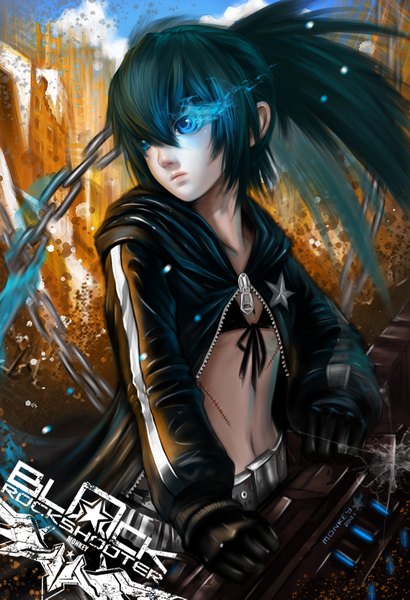Anime picture 1411x2067 with black rock shooter black rock shooter (character) monkey (weibo) single long hair tall image blue eyes black hair twintails realistic inscription glowing scar glowing eye (eyes) girl gloves weapon jacket gun chain
