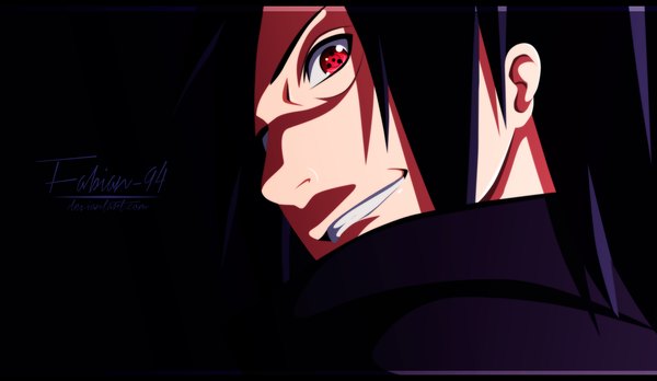 Anime picture 1800x1046 with naruto studio pierrot naruto (series) uchiha madara fabiansm single long hair highres black hair simple background smile red eyes wide image looking back grin coloring black background close-up face sharingan