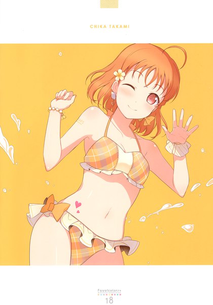 Anime picture 2389x3416 with love live! sunshine!! sunrise (studio) love live! takami chika 6u (eternal land) single tall image looking at viewer blush highres short hair smile ahoge one eye closed pink eyes hair flower wink orange hair character names orange background