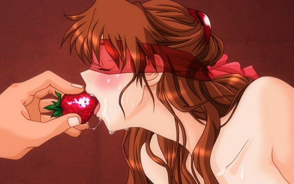 Anime picture 1280x800 with neon genesis evangelion gainax soryu asuka langley light erotic brown hair wide image bare shoulders eyes closed leaning leaning forward saliva transparent blindfold feeding translucent food tongue berry (berries) strawberry