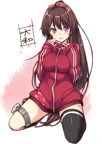 Anime picture 600x847 with kantai collection yamato super battleship haruyuki (yukichasoba) single tall image looking at viewer blush fringe breasts open mouth light erotic brown hair large breasts ponytail long sleeves very long hair pink eyes alternate costume tears kneeling