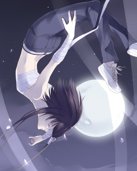 Anime picture 1200x1500 with getbackers studio deen fuuchouin kazuki hirai chika single tall image short hair brown hair eyes closed night sky jumping otoko no ko boy star (stars) bell bandage (bandages) full moon