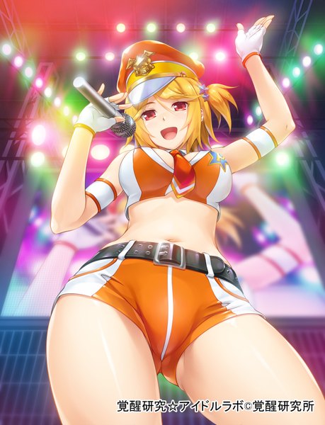 Anime picture 1340x1750 with kakusei kenkyuu idol lab wacchi single tall image short hair open mouth light erotic blonde hair red eyes girl navel necktie shorts belt microphone peaked cap