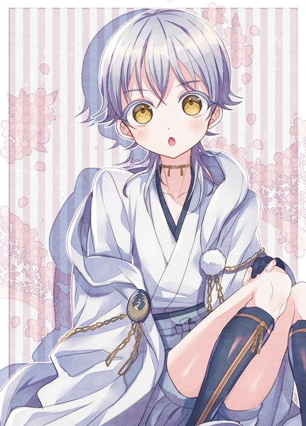 Anime picture 600x835 with touken ranbu nitroplus tsurumaru kuninaga abandon ranka single tall image looking at viewer blush short hair open mouth sitting yellow eyes silver hair traditional clothes japanese clothes :o framed alternate age striped background younger
