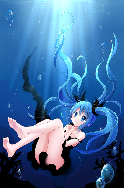 Anime picture 1255x1900 with vocaloid shinkai shoujo (vocaloid) hatsune miku snowmi single tall image looking at viewer blush blue eyes twintails bare shoulders blue hair very long hair barefoot sunlight bare legs underwater girl dress ribbon (ribbons)