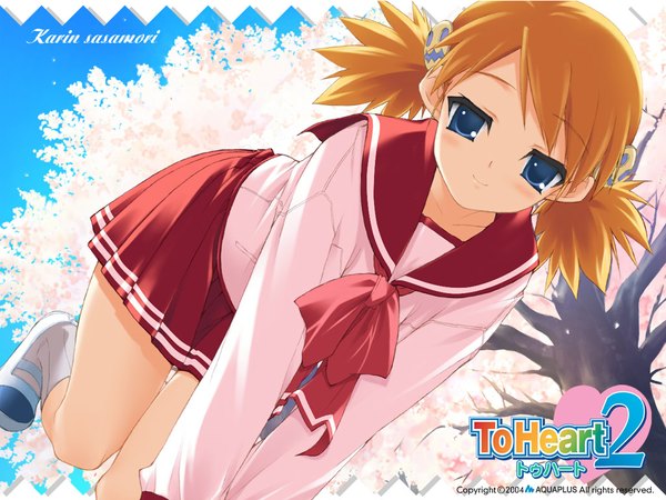 Anime picture 1024x768 with to heart 2 leaf (studio) sasamori karin kawata hisashi single looking at viewer short hair blue eyes blonde hair twintails pleated skirt light smile copyright name character names low twintails cherry blossoms 2004 girl skirt uniform
