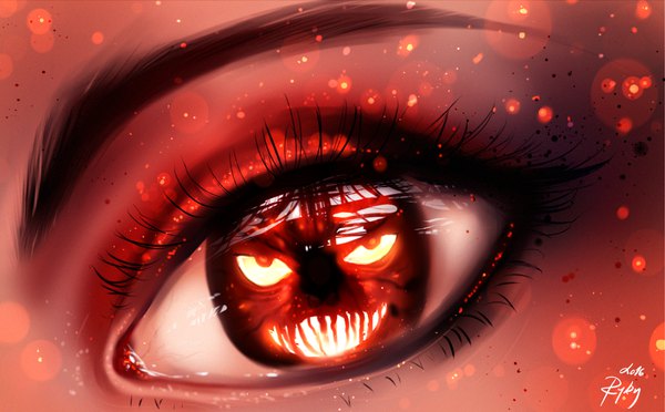 Anime picture 1101x684 with original ryky single looking at viewer wide image signed lens flare reflection eyebrows halloween eyeshadow makeup 2016 girl monster eye