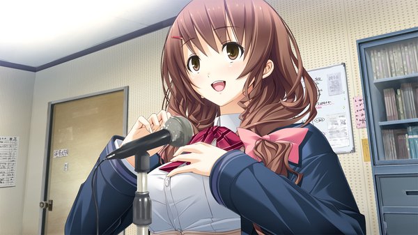 Anime picture 1280x720 with hotch kiss giga mikage shizuku mikoto akemi long hair open mouth brown hair wide image brown eyes game cg girl uniform school uniform bowtie microphone