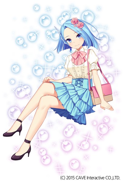 Anime picture 1024x1512 with gothic wa mahou otome roguran (gothic wa mahou otome) jenevan single tall image looking at viewer short hair blue eyes white background sitting blue hair full body hair flower light smile official art high heels puffy sleeves crossed legs 2015 girl
