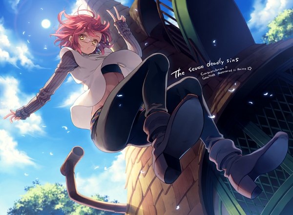 Anime picture 1000x735 with nanatsu no taizai a-1 pictures gowther (nanatsu no taizai) ayamiya fumi single looking at viewer short hair yellow eyes pink hair sky cloud (clouds) sunlight bare belly from below victory jumping sunbeam otoko no ko boy glasses