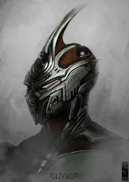 Anime picture 827x1169 with guyver guyver i tall image simple background red eyes horn (horns) grey background close-up smoke face boy armor