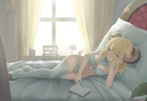 Anime picture 1200x824 with original sonikey0 0 single long hair looking at viewer breasts light erotic blonde hair yellow eyes lying horn (horns) underwear only girl thighhighs underwear panties white thighhighs lingerie bra bed