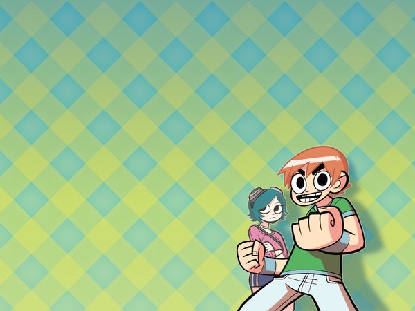 Anime picture 1600x1200 with scott pilgrim scott pilgrim (character) ramona flowers bryan lee o'malley highres simple background brown hair aqua hair crossed arms girl boy t-shirt goggles wristlet fist jeans