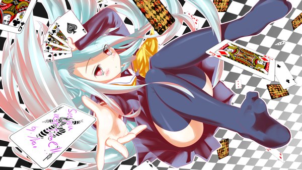 Anime picture 3498x1970 with no game no life madhouse shiro (no game no life) nao (pixiv) single long hair looking at viewer blush fringe highres light erotic red eyes wide image multicolored hair aqua hair two-tone hair legs knees touching girl thighhighs