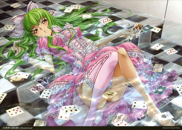 Anime picture 8085x5779 with code geass sunrise (studio) c.c. tabata hisayuki single long hair fringe highres light erotic signed yellow eyes absurdres lying green hair scan official art copyright name girl thighhighs dress