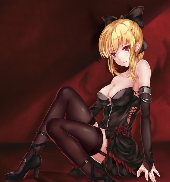 Anime picture 2227x2375 with original mizuhara erika zombie-andy single long hair tall image looking at viewer blush fringe highres breasts light erotic blonde hair hair between eyes red eyes large breasts bare shoulders payot cleavage bent knee (knees)