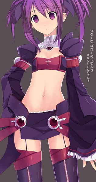 Anime picture 1771x3354 with elsword aisha landar single tall image highres short hair simple background purple eyes twintails purple hair long sleeves midriff text girl thighhighs detached sleeves