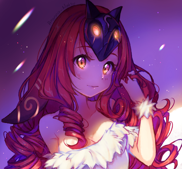 Anime picture 968x900 with league of legends original kindred (league of legends) hyanna-natsu single long hair looking at viewer blush smile bare shoulders signed cleavage upper body red hair shadow orange eyes fur trim glowing drill hair adjusting hair