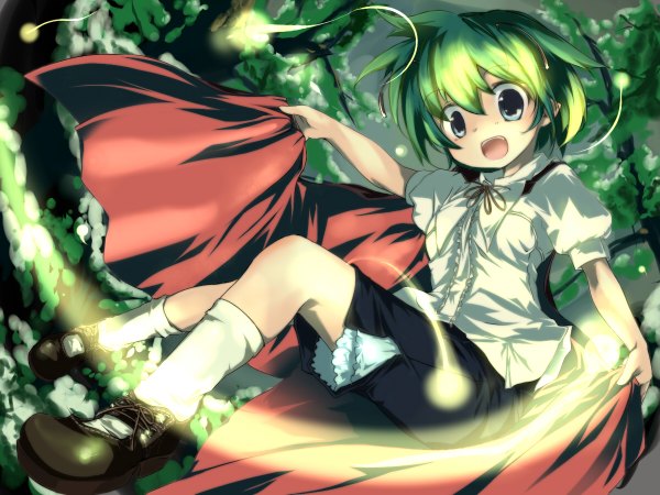 Anime picture 1200x900 with touhou wriggle nightbug sanoharu blue eyes green hair loli antennae girl cape fireflies