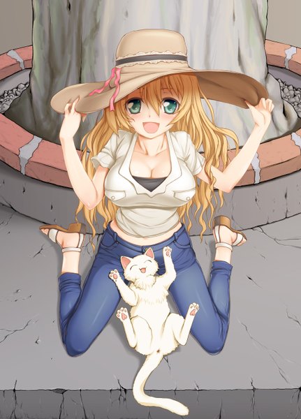 Anime picture 1000x1392 with original aokihoshi single long hair tall image looking at viewer blush open mouth blonde hair green eyes full body girl hat cat blue jeans