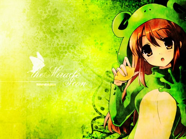 Anime picture 1280x960 with suzumiya haruhi no yuutsu kyoto animation asahina mikuru cosplay green background frog girl girl frog lemon mellon