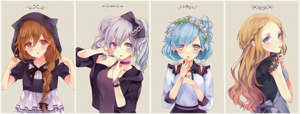 Anime picture 1700x650 with uta no prince-sama a-1 pictures mikaze ai kurosaki ranmaru kotobuki reiji camus long hair blush short hair blue eyes simple background blonde hair brown hair wide image purple eyes twintails multiple girls brown eyes braid (braids) pink eyes