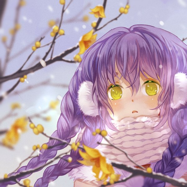 Anime picture 840x840 with original koyuiko single long hair blush fringe yellow eyes purple hair braid (braids) parted lips wind blurry depth of field snowing winter surprised girl flower (flowers) scarf branch