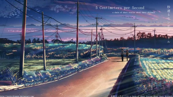 Anime picture 1365x768 with 5 centimeters per second wide image sky cloud (clouds) landscape girl boy power lines road