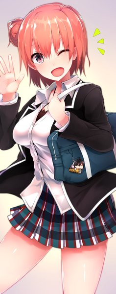 Anime picture 1400x3541 with yahari ore no seishun love comedy wa machigatteiru. brains base (studio) yuigahama yui suke single tall image looking at viewer blush fringe short hair breasts red eyes pleated skirt one eye closed wink open collar girl skirt uniform school uniform