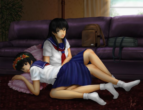 Anime picture 1200x926 with to aru kagaku no railgun j.c. staff saten ruiko uiharu kazari ebi (eeotoko) long hair short hair black hair multiple girls brown eyes green eyes realistic girl uniform 2 girls school uniform socks serafuku pillow bag