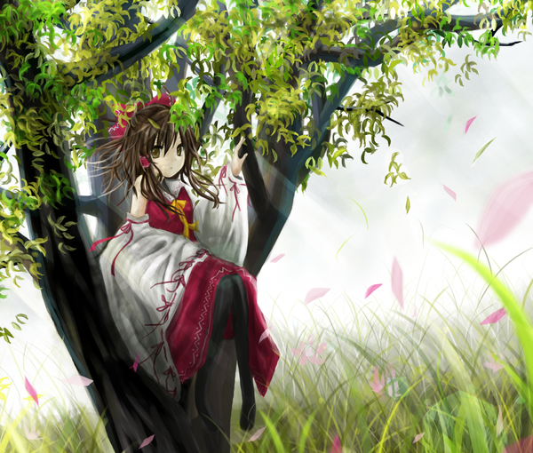 Anime picture 1274x1084 with touhou hakurei reimu brown hair braid (braids) twin braids miko girl bow plant (plants) detached sleeves petals tree (trees)