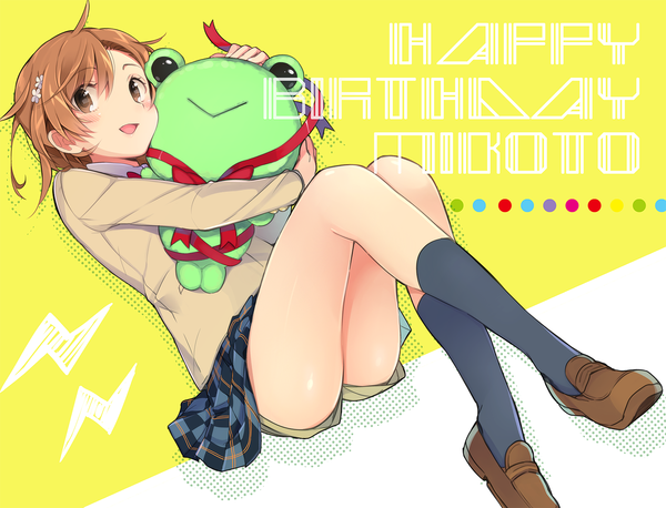 Anime picture 1413x1080 with to aru kagaku no railgun j.c. staff misaka mikoto gekota aize izumi single looking at viewer blush short hair brown hair sitting brown eyes inscription hug plaid skirt happy birthday girl skirt uniform hair ornament