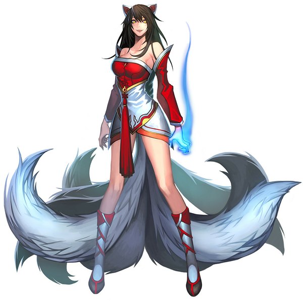 Anime picture 1000x997 with league of legends ahri (league of legends) tyutii single long hair breasts black hair simple background large breasts white background bare shoulders animal ears yellow eyes animal tail fox ears facial mark multiple tails whisker markings girl flame