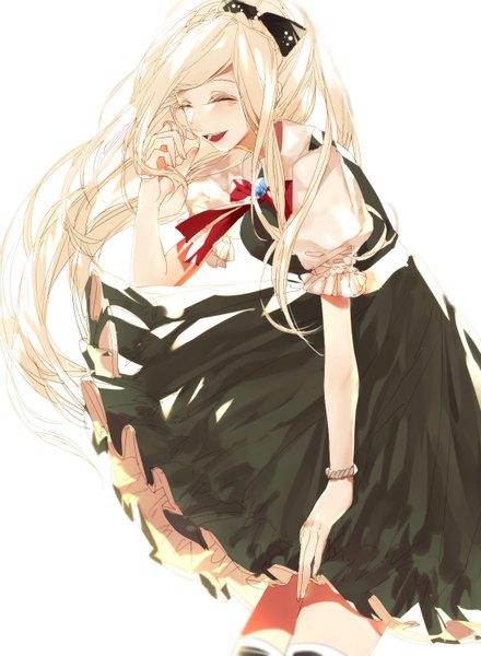 Anime picture 1100x1500 with dangan ronpa super dangan ronpa 2 sonia nevermind tian (my dear) single long hair tall image open mouth simple background blonde hair standing white background ponytail eyes closed sunlight short sleeves leaning leaning forward puffy sleeves laughing