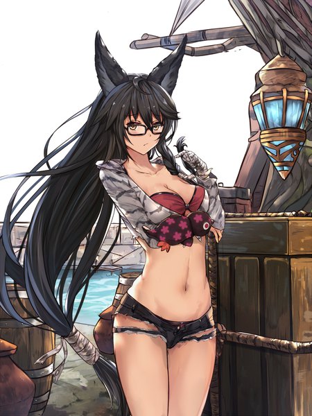 Anime picture 750x1000 with tales of (series) tales of berseria velvet crowe white crow single tall image fringe breasts light erotic black hair hair between eyes standing brown eyes animal ears outdoors wind fox ears torn clothes kemonomimi mode girl