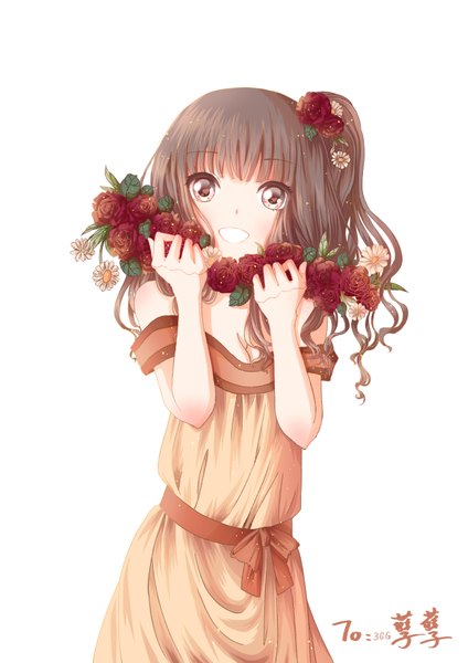Anime picture 2480x3507 with original so tsubasa single long hair tall image blush highres breasts open mouth simple background smile brown hair white background brown eyes signed absurdres arms up side ponytail girl dress