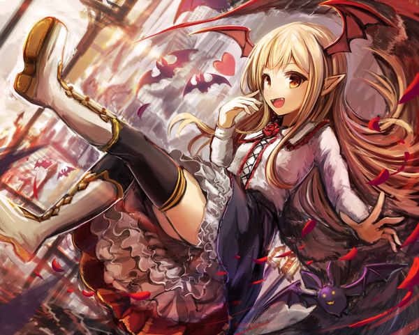 Anime picture 1500x1203 with shingeki no bahamut granblue fantasy vampy sakura ani single long hair looking at viewer fringe open mouth blonde hair yellow eyes payot ass outdoors tail long sleeves head tilt :d pointy ears fang (fangs)