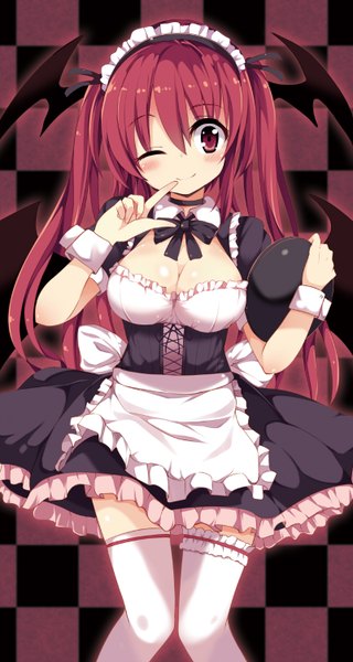 Anime picture 802x1500 with touhou koakuma matsuri uta single long hair tall image looking at viewer blush breasts smile red eyes large breasts cleavage red hair one eye closed wink maid zettai ryouiki finger to mouth bat wings